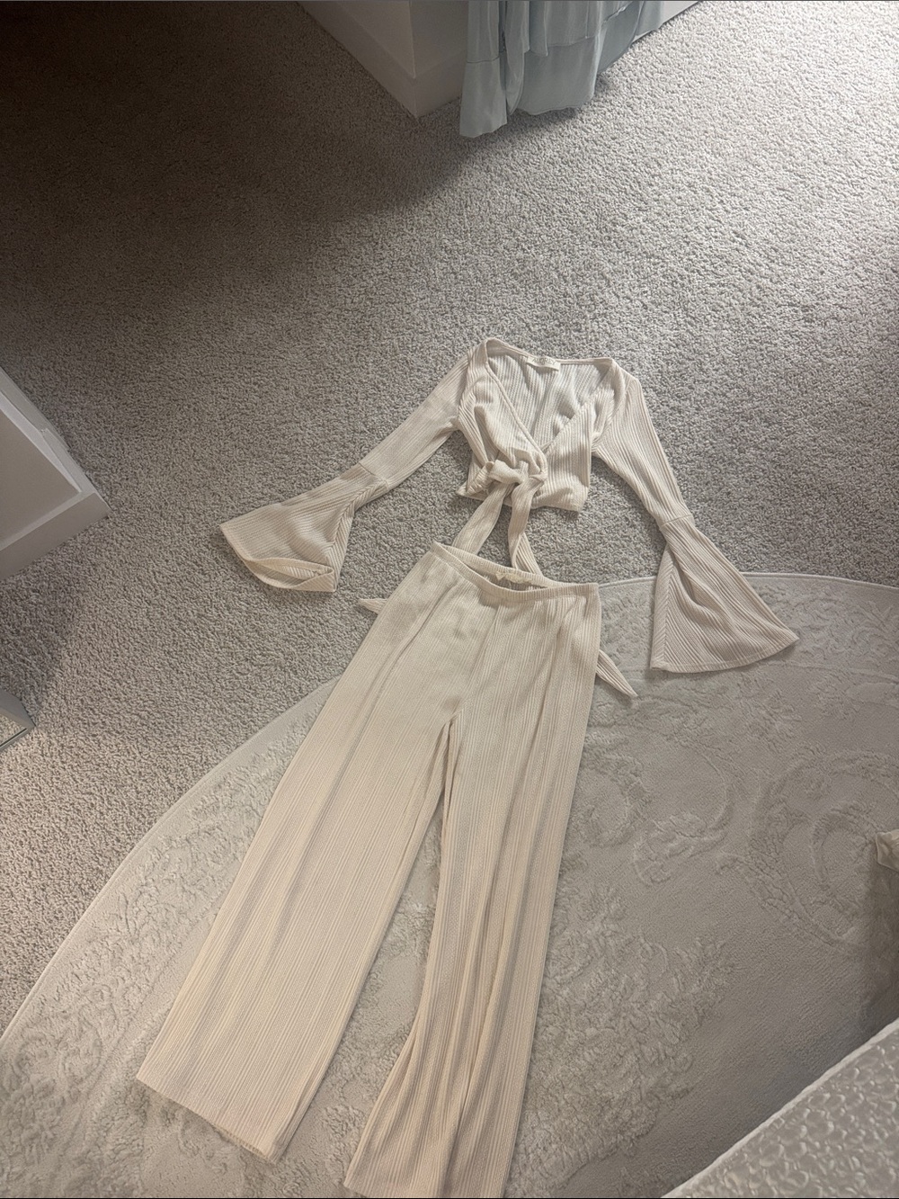 Audrey 3+1 Cream Ribbed Tie-Front Top & Wide-Leg Pants Set